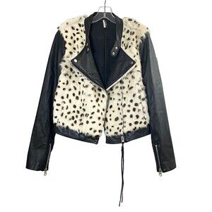 Topshop Animal Print Faux Fur Leather Biker Jacket Womens Size 12 Multicolor Zip